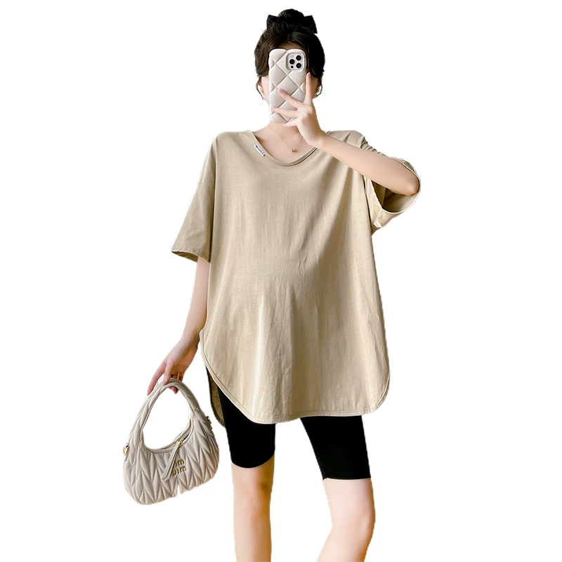 Summer clothing for pregnant, T-shirt, summer body-friendly set, with short sleeve, V-neckline, for teenagers, Korean style