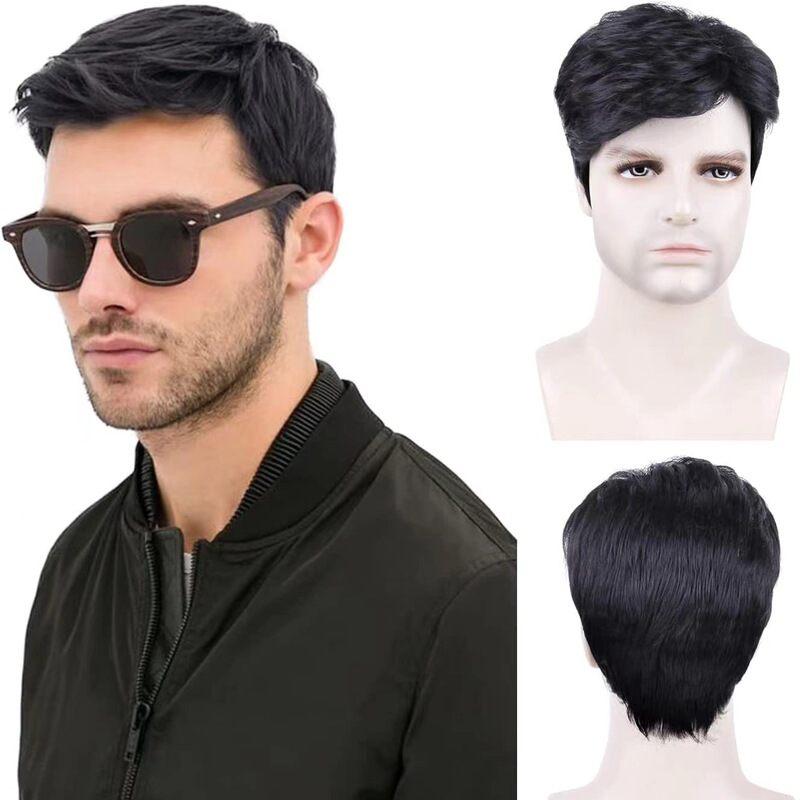 AliExpress cross-border hot sale partial oblique bangs short hair men's wig chemical fiber high temperature silk wigs manufacturer in stock