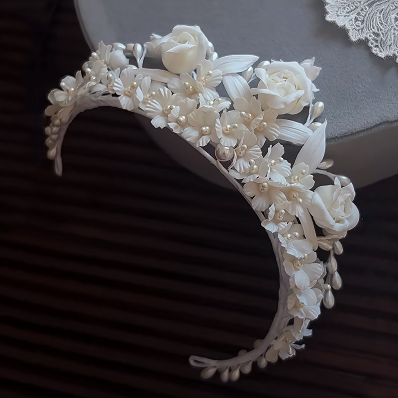 Bridal Headdress, Forest-Style White Headband, Fairy-Like Fabric Handmade Hair Accessories, Korean Wedding Main Wedding Accessories