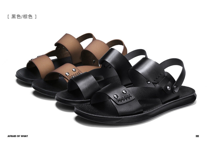 Dép sandal nam hở ngón chất liệu da PU chống trơn thoáng khí đi biển mùa hè — Màu nâu, Đen toàn bộ chi tiết 4