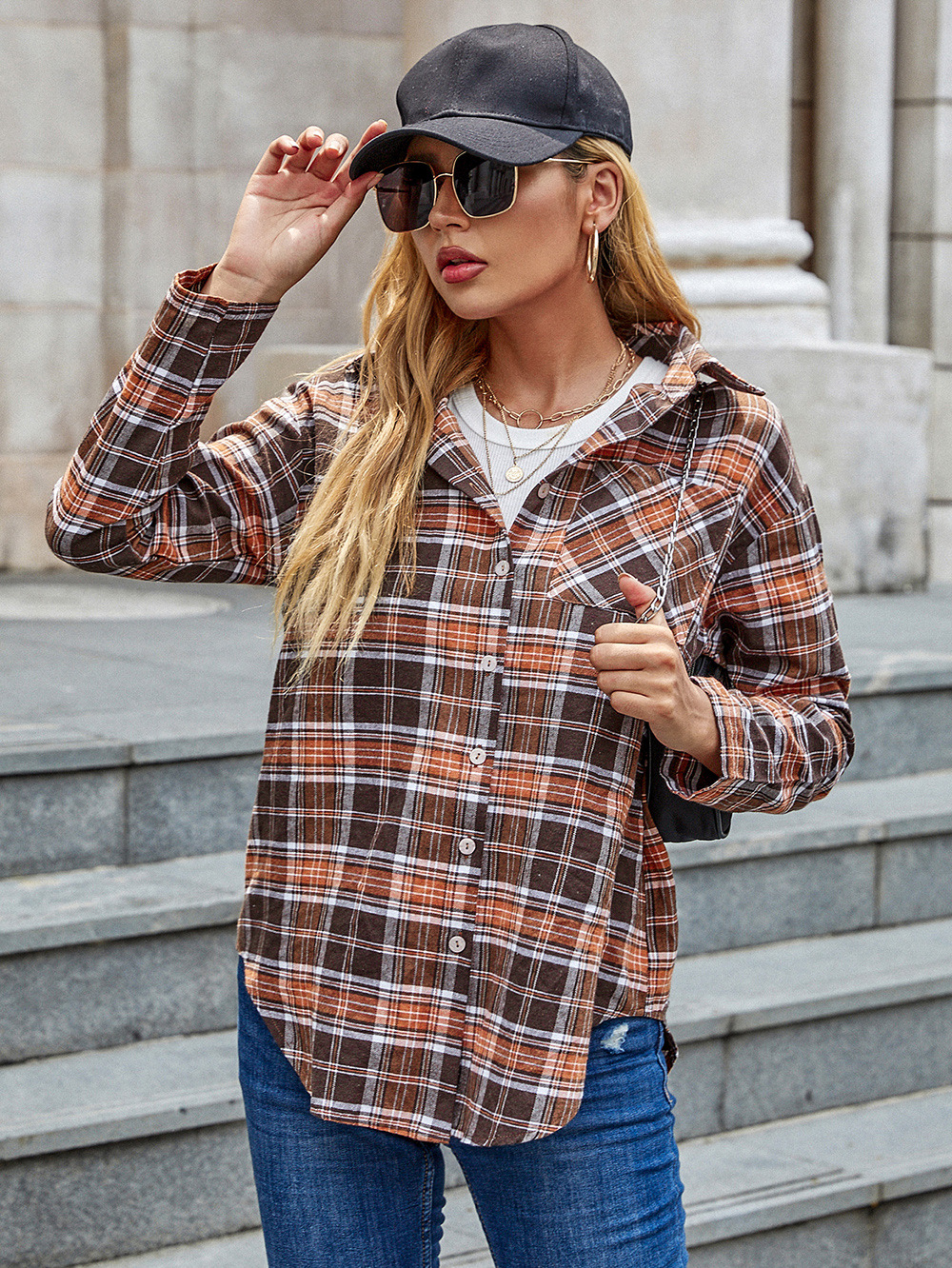 plaid single-breasted lapel casual mid-length long-sleeved shirt jacket nihaostyles wholesale clothing NSDF84891