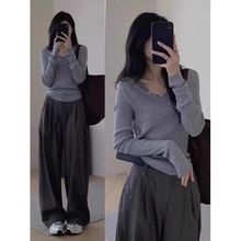 格雷系不规则灰色正肩v领针织衫女秋季感低领毛衣内搭打底衫