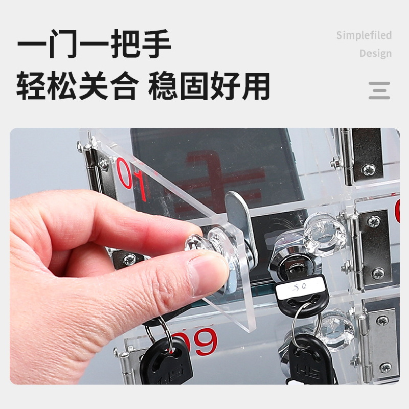 Transparent acrylic phone storage cabinet with crystal handles, wall-mounted, featuring a lock—ideal for employees to securely store and organize their belongings.