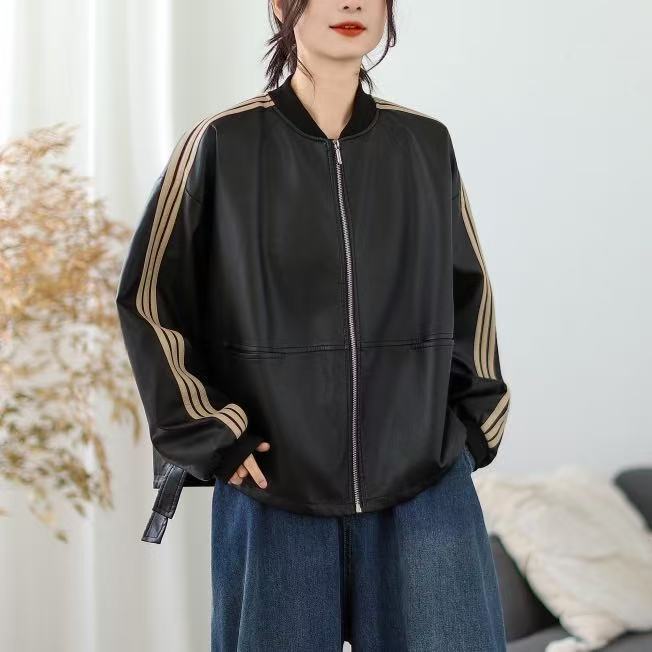 25年秋款皮衣外套女长袖拼条宽松休闲韩版外套学院风上衣立领时尚|undefined