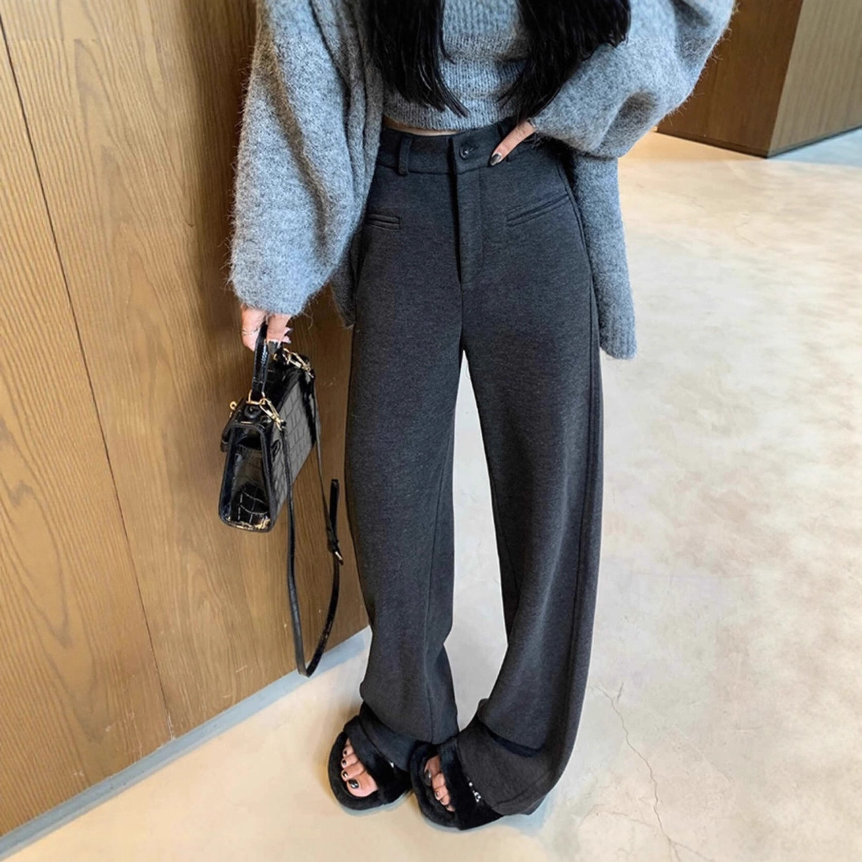 Y.Jia Yi Jia Autumn/Winter Korean Style Simple Wool Blend Fleece-Lined Thickened Slim Straight-Leg Flared Casual Pants for Women 9588