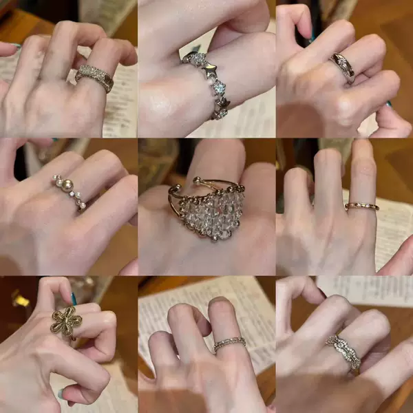 Vintage Coffee Gold Inlaid Diamond Rice Bead Crystal Stacking Rings for Women, Retro High-End Versatile Index Finger Rings