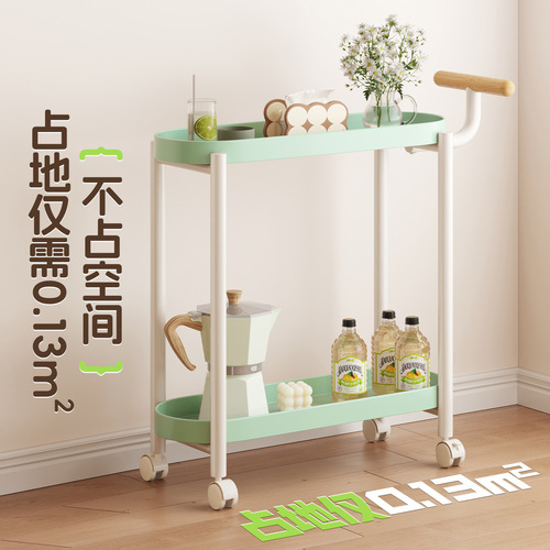 Living room accent small side table, floor-standing, movable with wheels, suitable for small apartments, iron and cream style, small push cart, storage and display rack