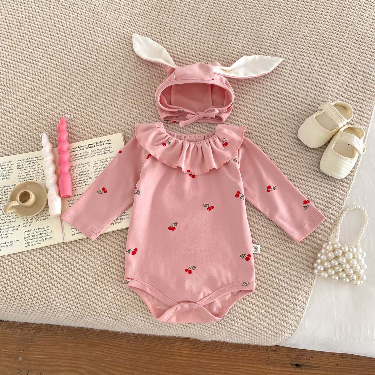 Ropa de otoño para bebé, estilo coreano, pelele para recién nacida, mono de princesa para bebé, pelele de luna llena, traje de gateo con estampado de cerezas