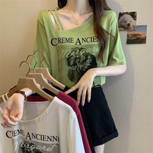 大码女装美式复古短袖t恤女夏季2025新款女装宽松显瘦斜领上衣女