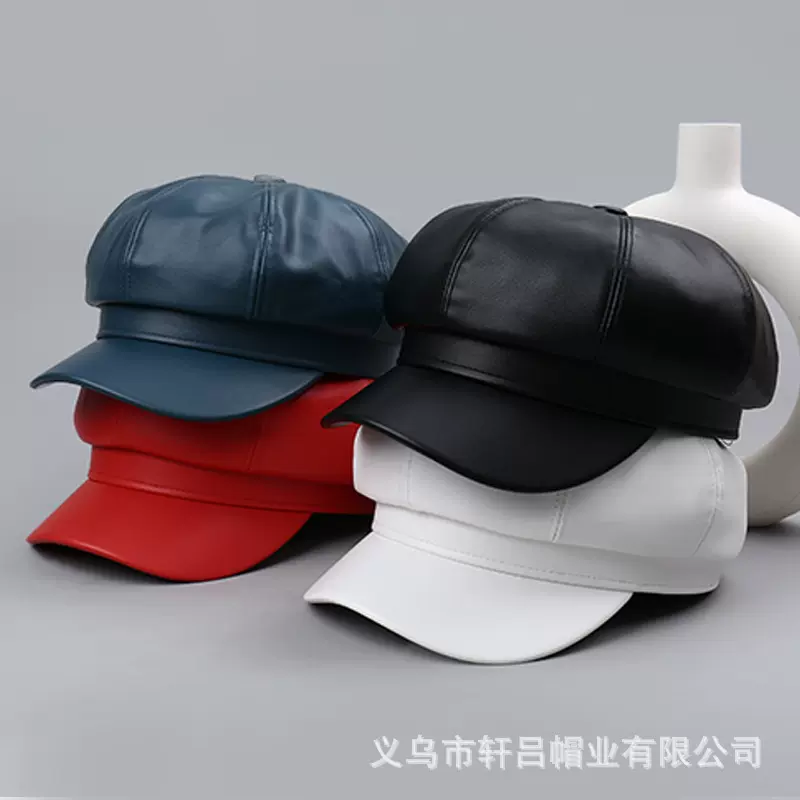 韩版潮秋冬明星同款pu皮质八角帽子女鸭舌英伦复古时尚皮帽贝雷帽