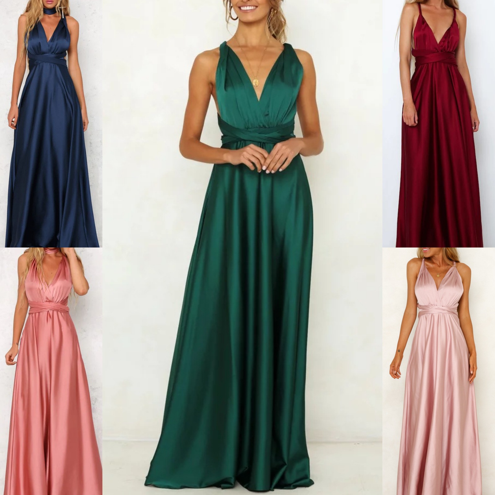 European and American Summer New Women's Dress Amazon Deep V Pure Color Satin Long Skirt Banquet Evening Dress