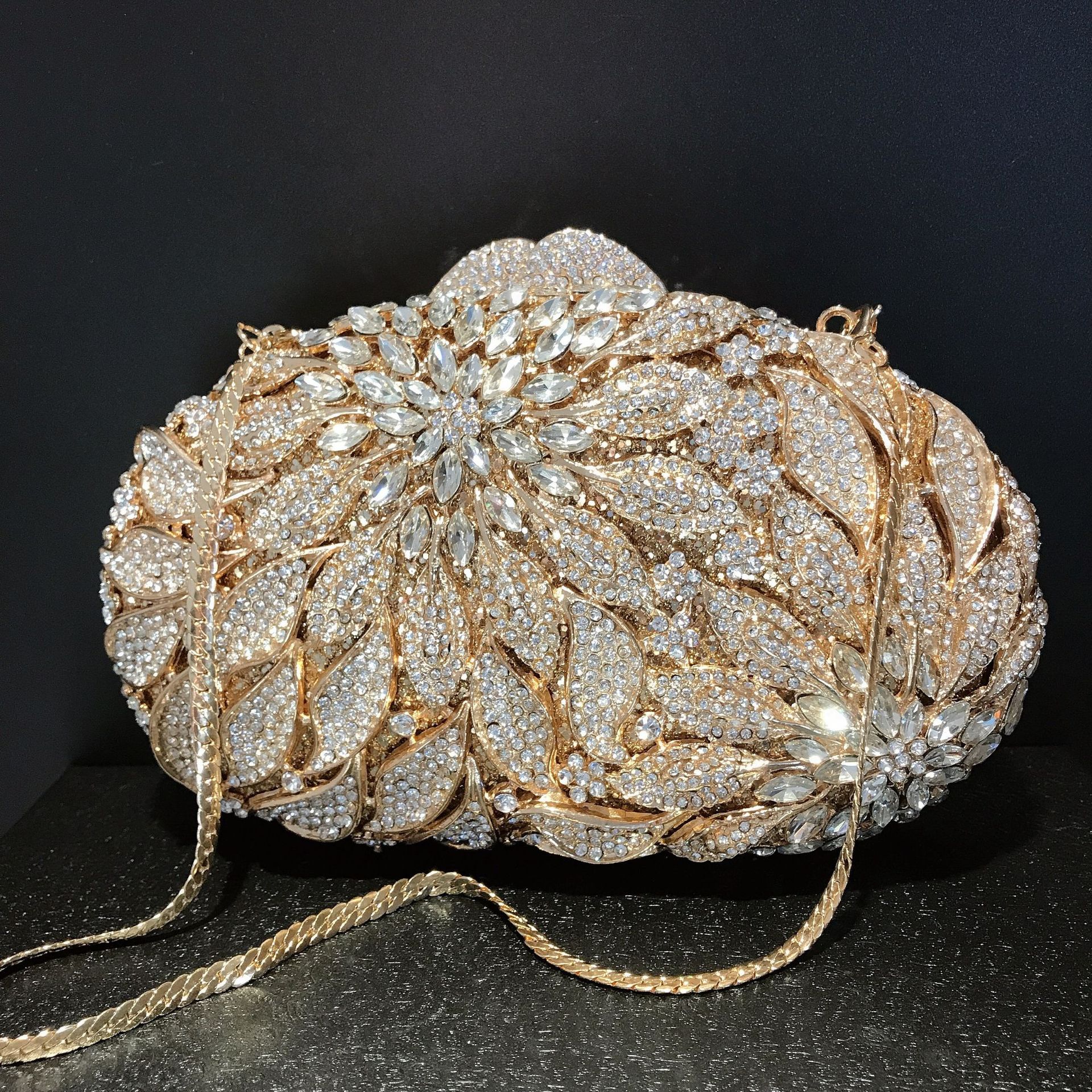750g Weight Silver Champagne Rhinestone Metal Leaves Flower Hollow Diamond Oval Evening Bags