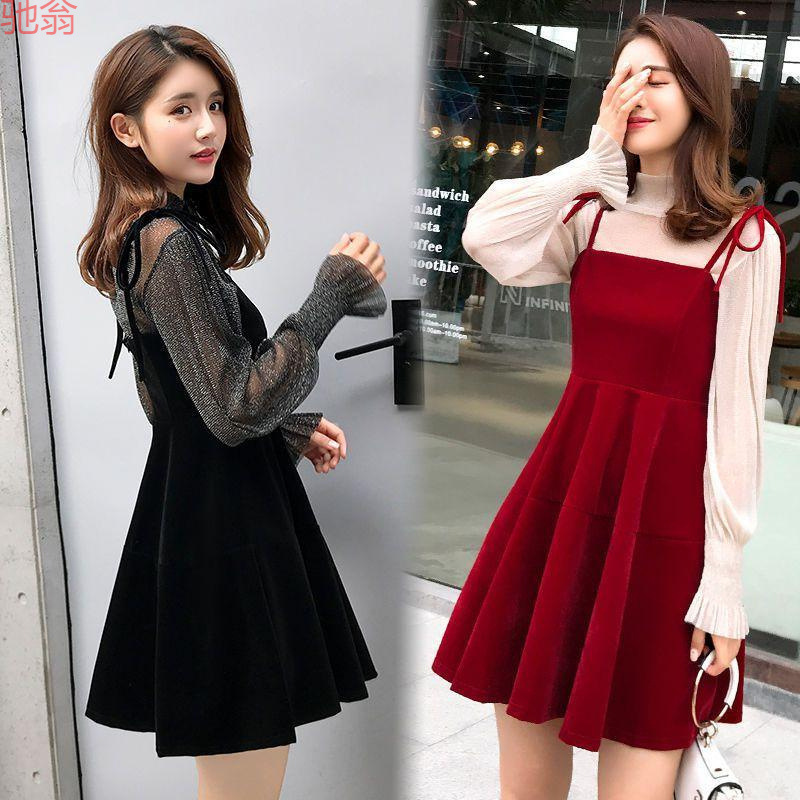 Y9Z Sexy Dress for Plus-Size Women, New Spring Fashionable Large-Size Red Strap Dress with Fake Two-Piece Design Y9Z Sexy Dress for Plus-Size Women, New Spring Fashionable Large-Size Red Strap Dress with Fake Two-Piece Design