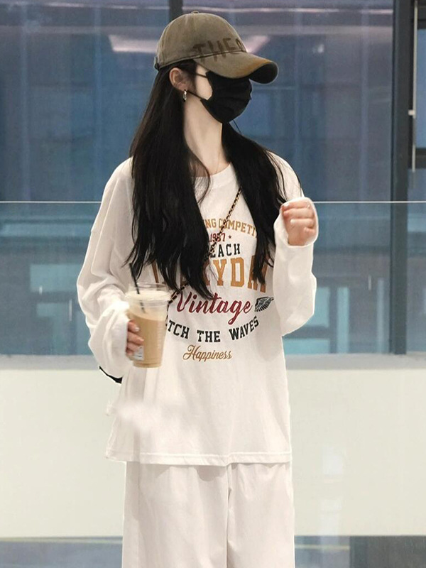 胖mm复古美式宽松休闲字母印花圆领大码长袖T恤防上衣女春早秋季|undefined