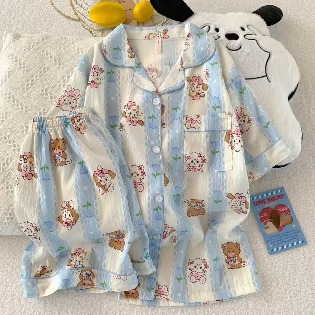 Al por mayor transfronterizo cantidad de preciosos pantalones cortos de mangas cortas de verano pijamas de nube de algodón nuevo cardigan con solapa dibujos animados ropa para el hogar