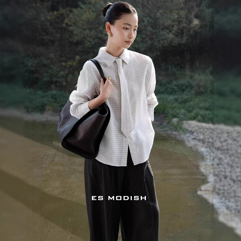 Es Modish Spring New Collection Relaxed and Sophisticated Linen Striped Shirt with a Stylish Retro Tie and Loose Fit Es Modish Spring New Collection Relaxed and Sophisticated Linen Striped Shirt with a Stylish Retro Tie and Loose Fit