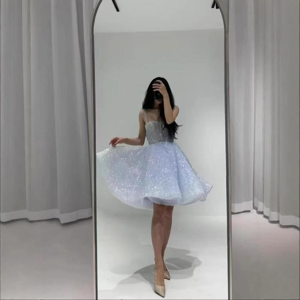 French Style Sling dress Birthday Dress light blue Sequin Pontoon Dress Women's Light Luxury Niche Short Dress New