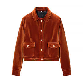 外贸女装2025冬季新款欧美风时尚简约百搭丝绒口袋饰长袖外套