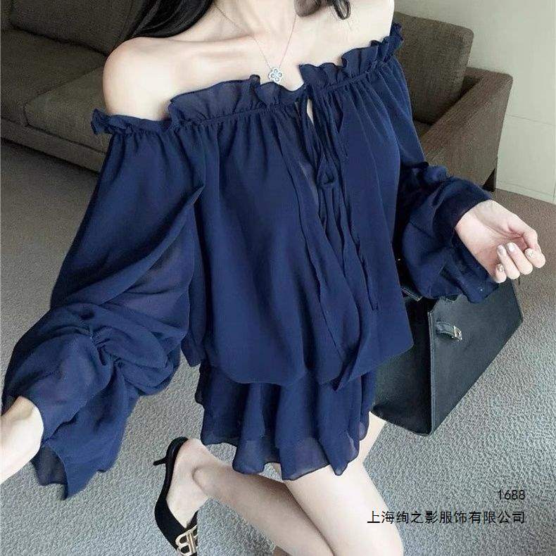 甜美纯欲设计感花瓣层次抽绳雪纺衫女秋季辣妹一字肩网纱系带上衣