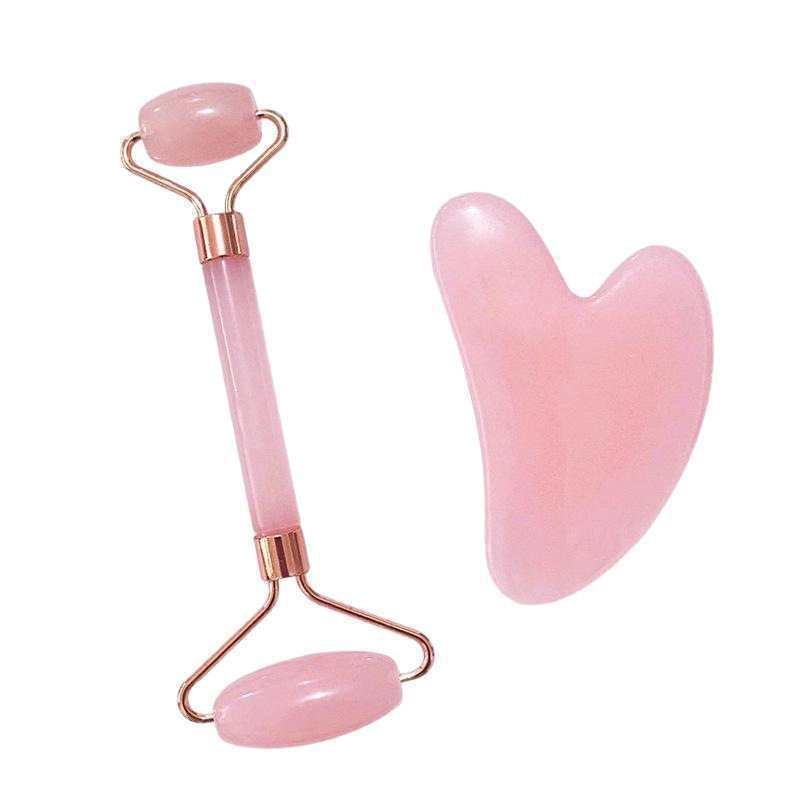 Heart-shaped pink crystal roller massager, pink crystal heart-shaped gua sha board, facial beauty board, double-headed roller massager