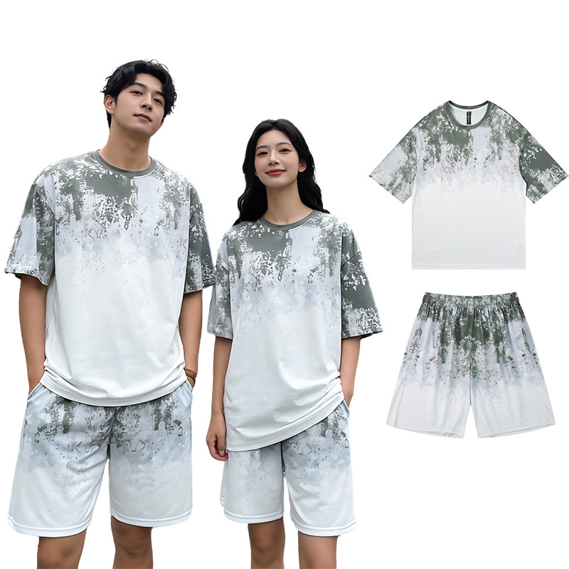 Transfronterizo americano tie-dying casual set hombre verano suelto hielo camiseta de cuello redondo de manga corta rápida secado pantalones cortos deportivos de moda