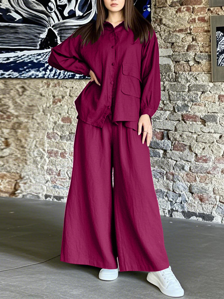 Ensemble chemise oversize en coton et pantalon large – Tenue minimaliste vintage euro-américaine (S-5XL, 7 couleurs, indispensable du bureau au week-end)_voghion.com