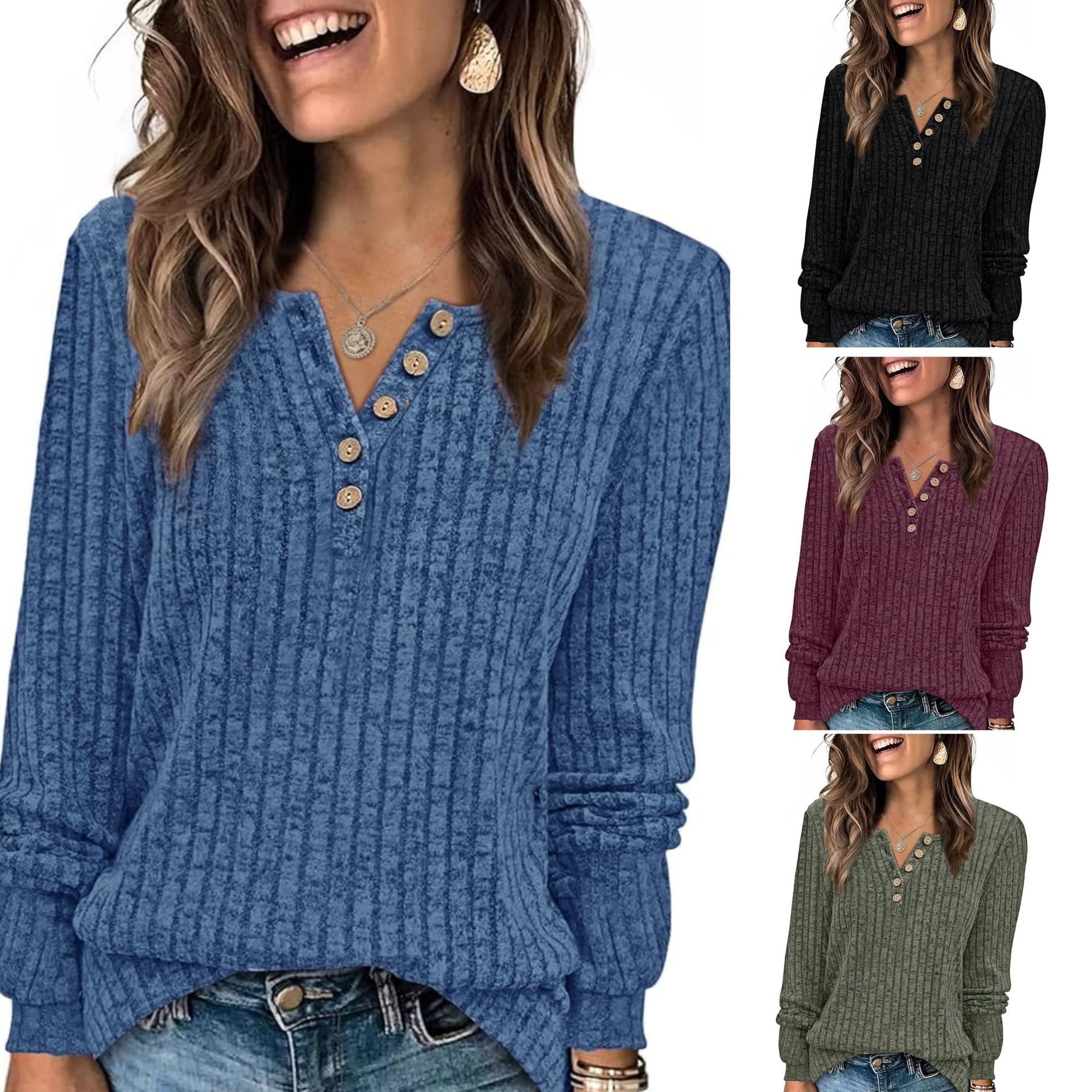 Women's Clothing Round Neck Casual Knitted T-Shirt Long Sleeve Button Detail Autumn/Winter_ecoleips.com