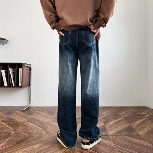 Black Gradient Denim Jeans for Men - Spring Thin Version, American Street Style, High Fashion Brand, Straight Leg, Loose Wide Leg, Trendy and Cool Pants