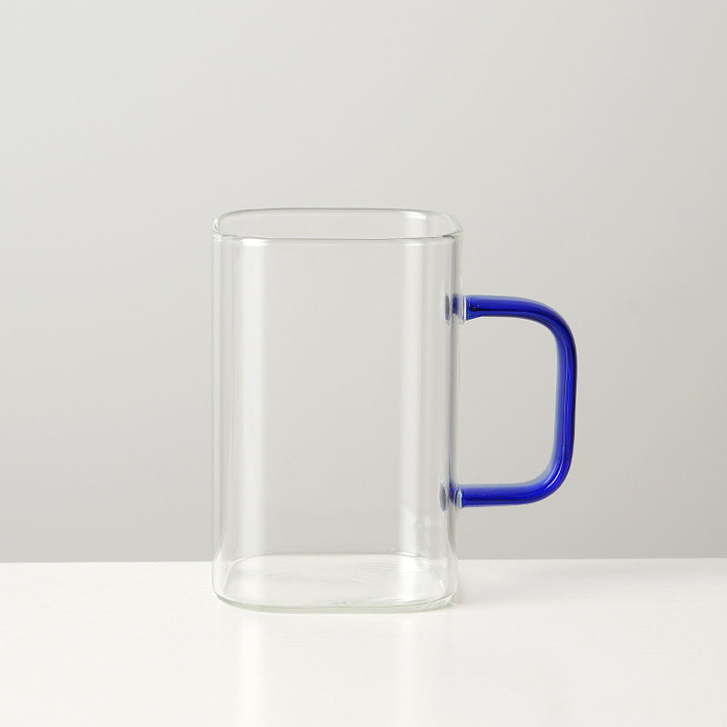Taza de agua de boca cuadrada al por mayor, taza de vidrio cuadrada de borosilicato, taza de leche doméstica, taza de café con asa, taza de jugo simple
