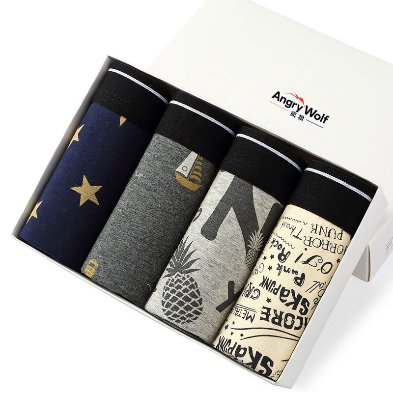 Men's Underwear Printed Cotton Business Boxer Briefs Plus Size Fat Men Breathable Elastic Youth Underwear Boxed Wholesale