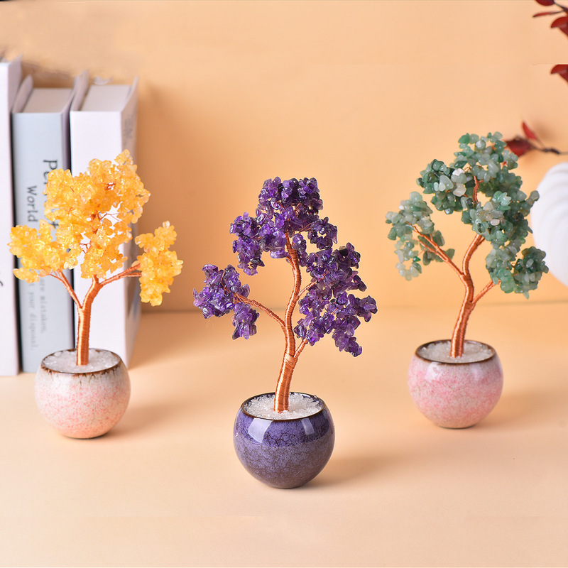 天然水晶カラフルな砂利金のなる木手織り桃の花を願い金のなる木ホームオフィス装飾|undefined