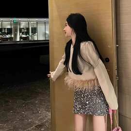TZ1975小香风毛毛拼接短上衣女2024秋季设计新款别致小众气质百搭