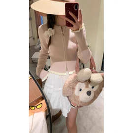 粉色荷叶边双拉链针织开衫女秋冬2025年休闲显瘦小个子短上衣外套