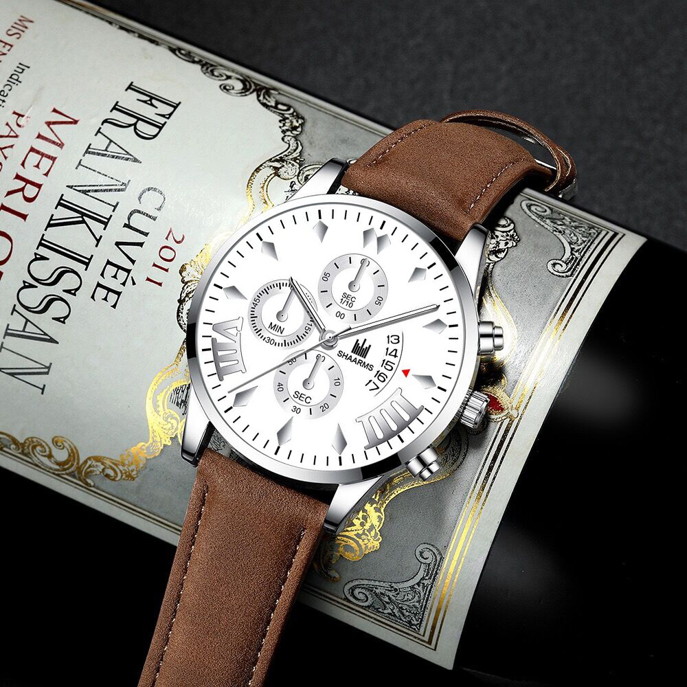 Large dial fake Three-Eyed Men's belt calendar business casual watch men's fashion watch cross-border explosive wholesale