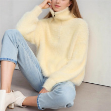 跨境亚马逊2025新款仿水貂绒翻领半拉链毛衣女宽松休闲针织衫上衣