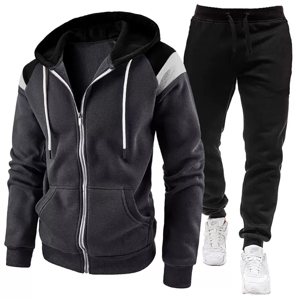 Cross-Border Hot Selling Men's Fashion Trend Zipper Cardigan Hooded Sweatshirt Suit Autumn and Winter Two-Piece Splicing Sportswear