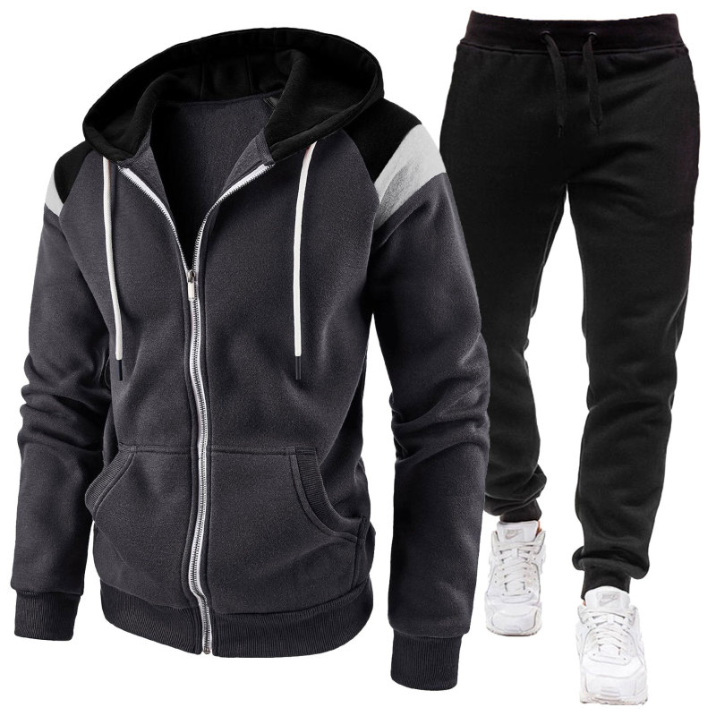 Cross-Border Hot Selling Men's Fashion Trend Zipper Cardigan Hooded Sweatshirt Suit Autumn and Winter Two-Piece Splicing Sportswear