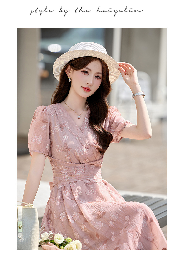 Đầm maxi nữ thắt eo tay bồng họa tiết hoa nhỏ cổ chữ V phong cách tea dress — Màu hồng, màu vàng chi tiết 16