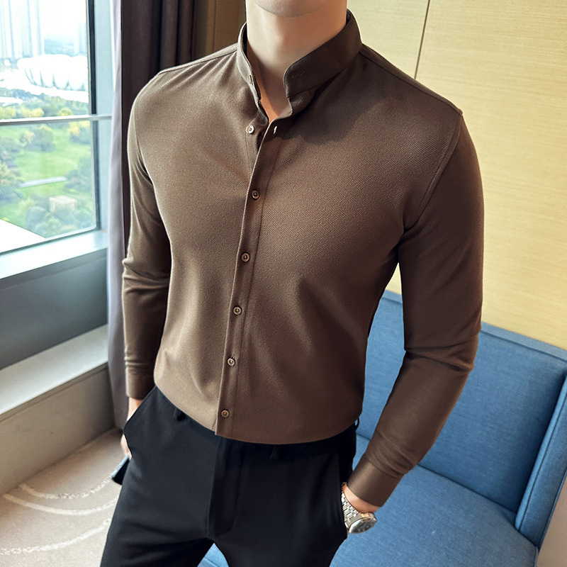秋冬加厚磨毛保暖毛呢衬衫男高级感立领衬衣咖啡色C6645-573