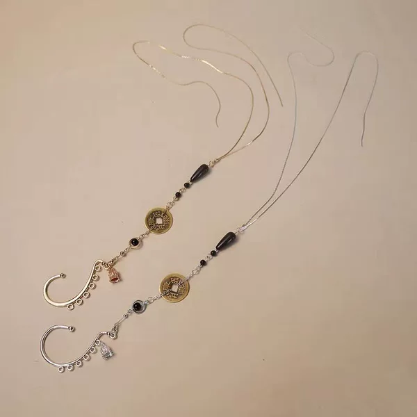 Antique Red Coin Ear Hanging Without Ear Holes Horse Face Skirt Long Tassel Earrings Hanfu Jewelry Vintage Personalized Earrings