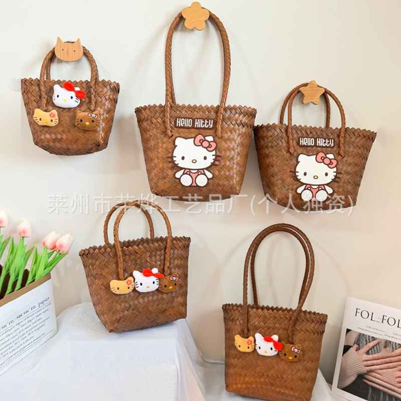 Summer Cartoon Cat Handbag Kitty Cat Retro Imitation Rattan Woven Bag White with Vegetable Basket Souvenir Light Summer Cartoon Cat Handbag Kitty Cat Retro Imitation Rattan Woven Bag White with Vegetable Basket Souvenir Light