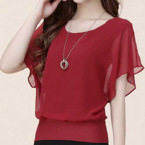 2024 new summer new round collar short sleeve loose fashionable chiffon large size base shirt for women