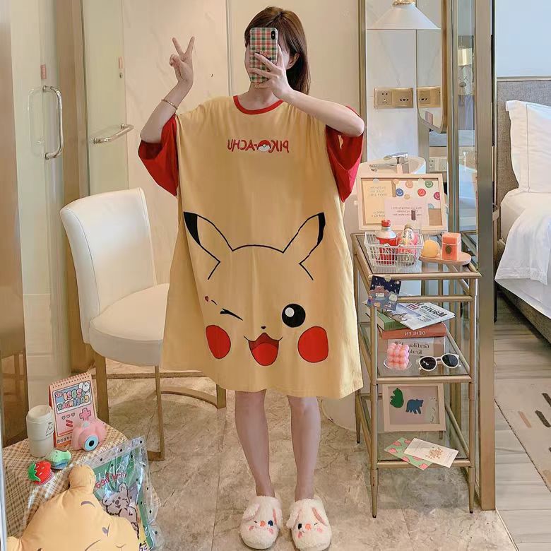 Spot falda de mujer viento perezoso talla grande camisón de mujer manga corta suelta y cómoda cuello redondo lindo vestido de casa con estampado de dibujos animados