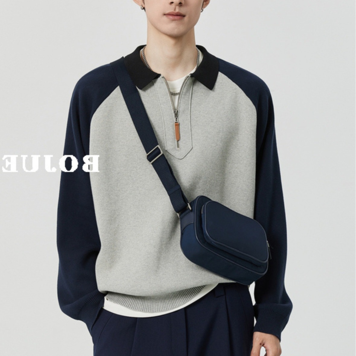 Otoño e invierno contraste color media cremallera Polo cuello suéter cálido manga larga superior suéter de los hombres de estilo coreano abrigo de los hombres