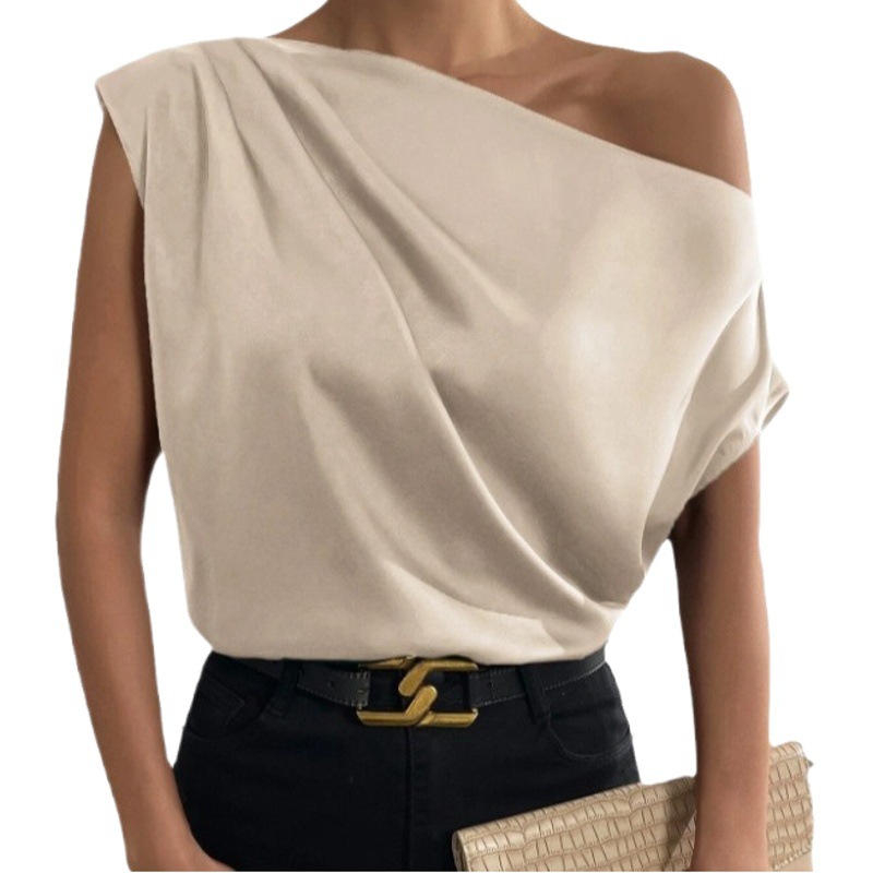 2025 primavera color sólido satén imitación seda irregular hombro oblicuo cuello de una línea camisa sin mangas mujeres mujeres europeas y americanas