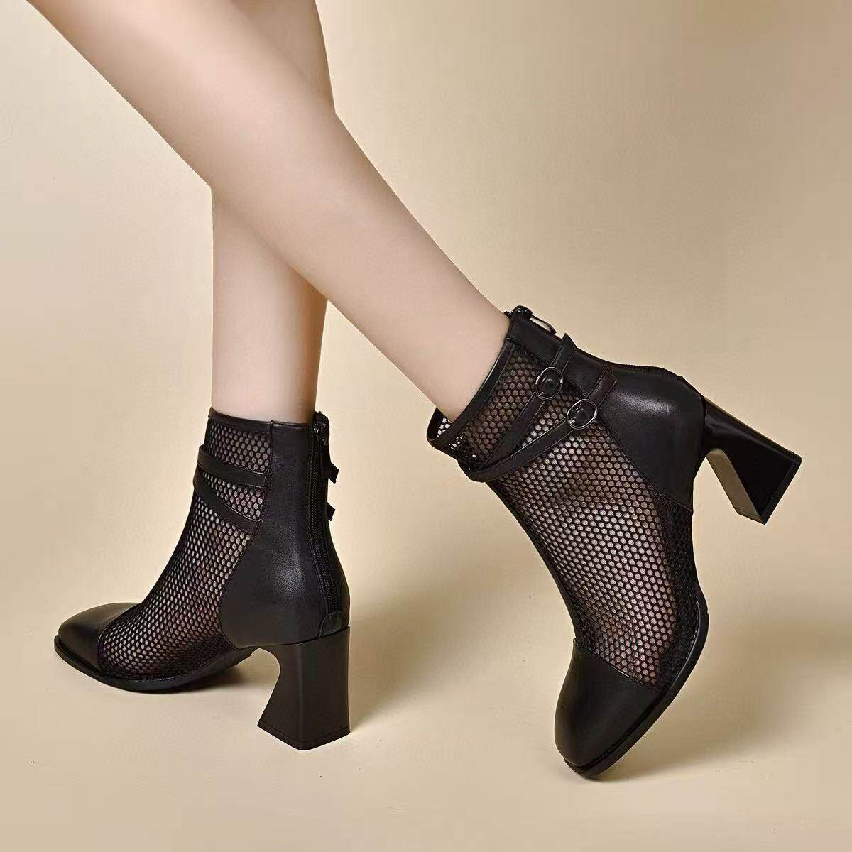 Sandal nữ da thật mũi vuông lưới thoáng khí gót thô đế mềm — Da sơn đen chi tiết 6