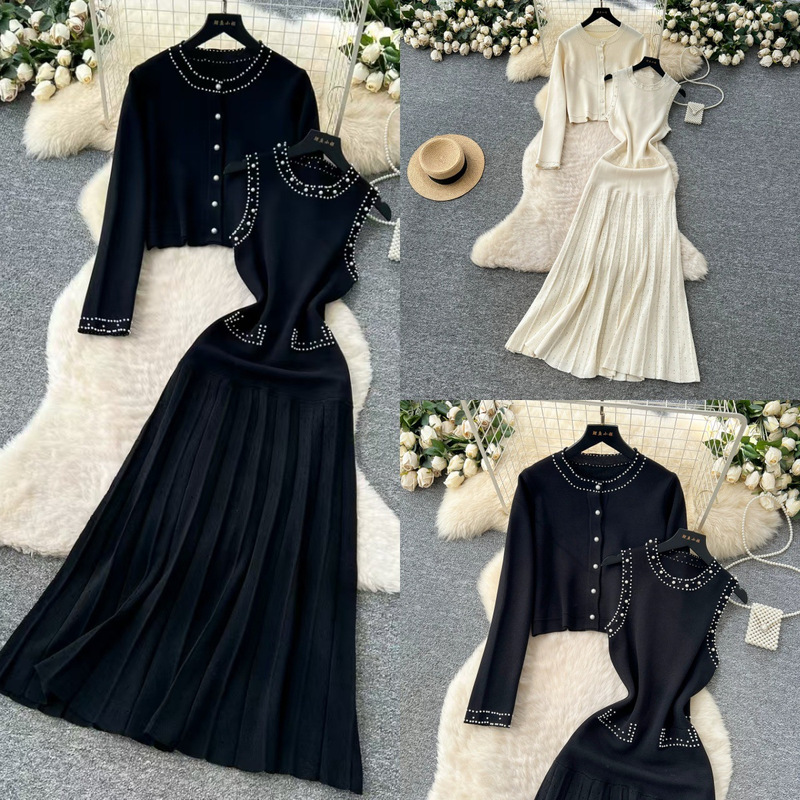 Women's Exclusive Pearl Button Two-Piece Set: Knitted Dress, Long-Sleeved Short Jacket + Long Skirt, Evening Party Style Women's Exclusive Pearl Button Two-Piece Set: Knitted Dress, Long-Sleeved Short Jacket + Long Skirt, Evening Party Style
