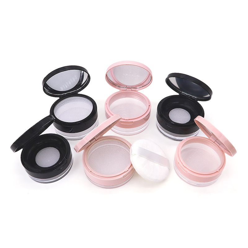 FUENTE Fábrica nuevo mini flip superficie brillante tamaño elástico neto caja de polvo suelto en stock material de embalaje caja de polvo de muestra de maquillaje