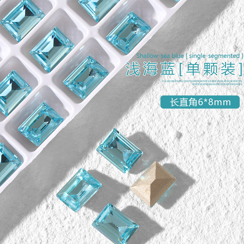 K9 cristal diamante arte de uñas luz mar azul puntiagudo fondo especial en forma de diamante oval torcido melocotón corazón ángulo recto grasa cuadrada joyería de uñas de vidrio