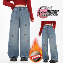 初中女童加绒牛仔裤大童大码宽松秋冬装直筒裤青少年学生少女裤子